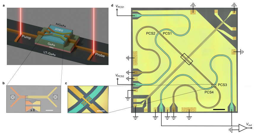 Quantum device with integrated THz optoelectronics, addressed by pump and probe laser beams, and the chip layout (Fig. 1 of arXiv:2609.28224, CC BY 4.0)